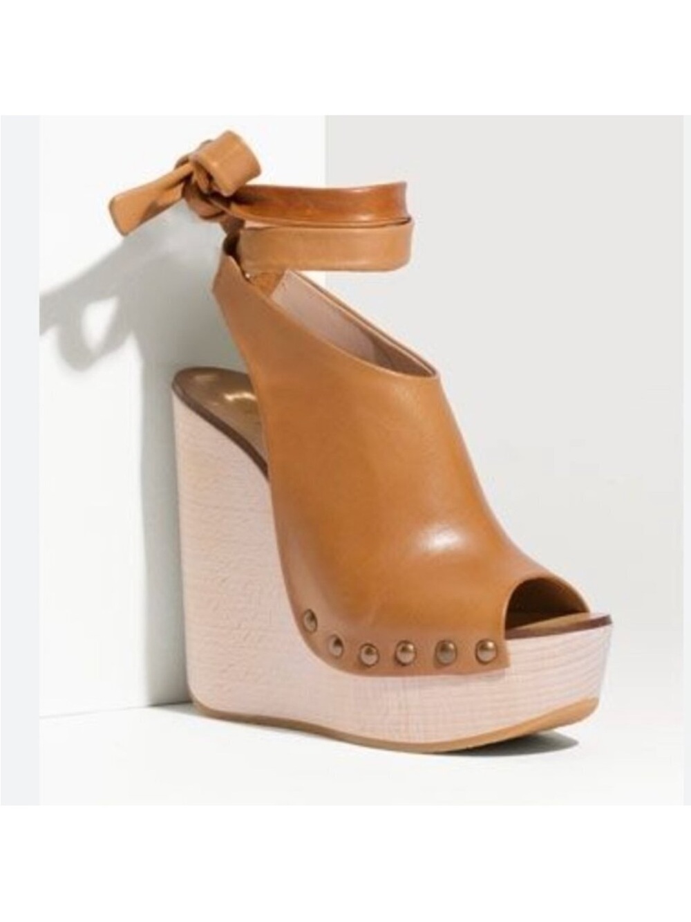 NWOB Chloe Cognac Leather Peep-Toe Wedge Sandals with Ankle Tie